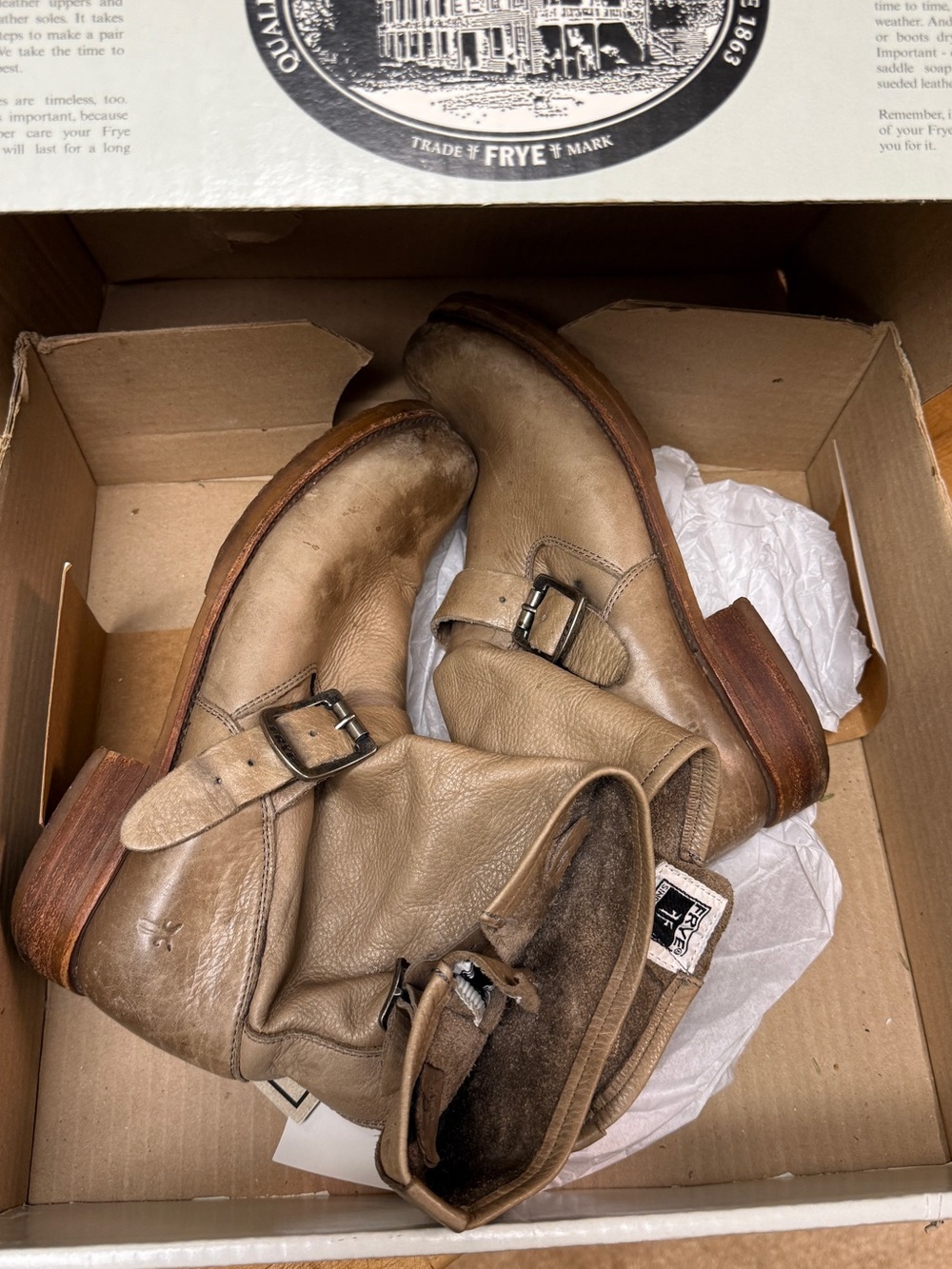 Frye Taupe Leather Ankle Boots with Buckle